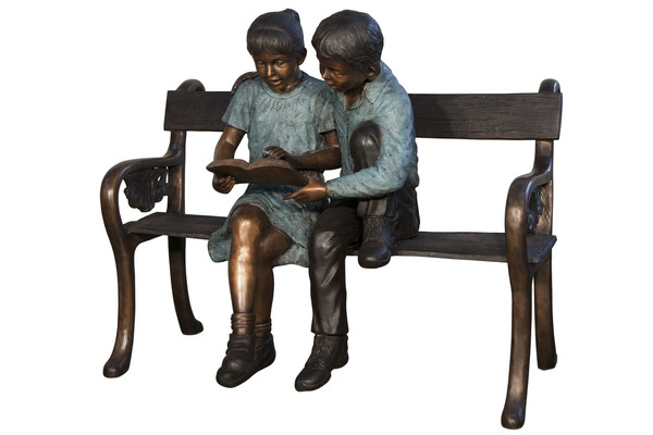 Boy & Girl Reading On Bench Bronze Sculpture Park Display